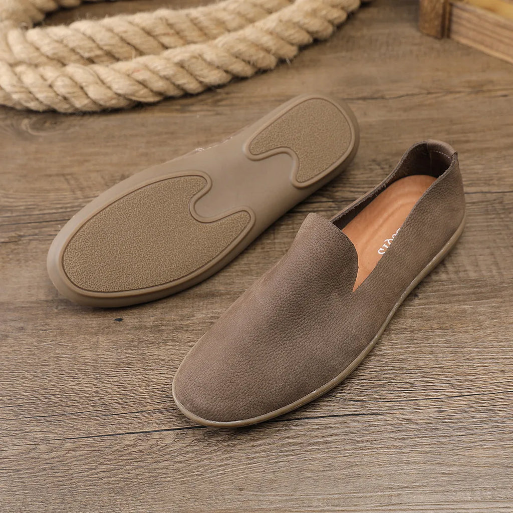 Handmade men's casual shoes in cowhide leather with wedge heel, shown in khaki colour