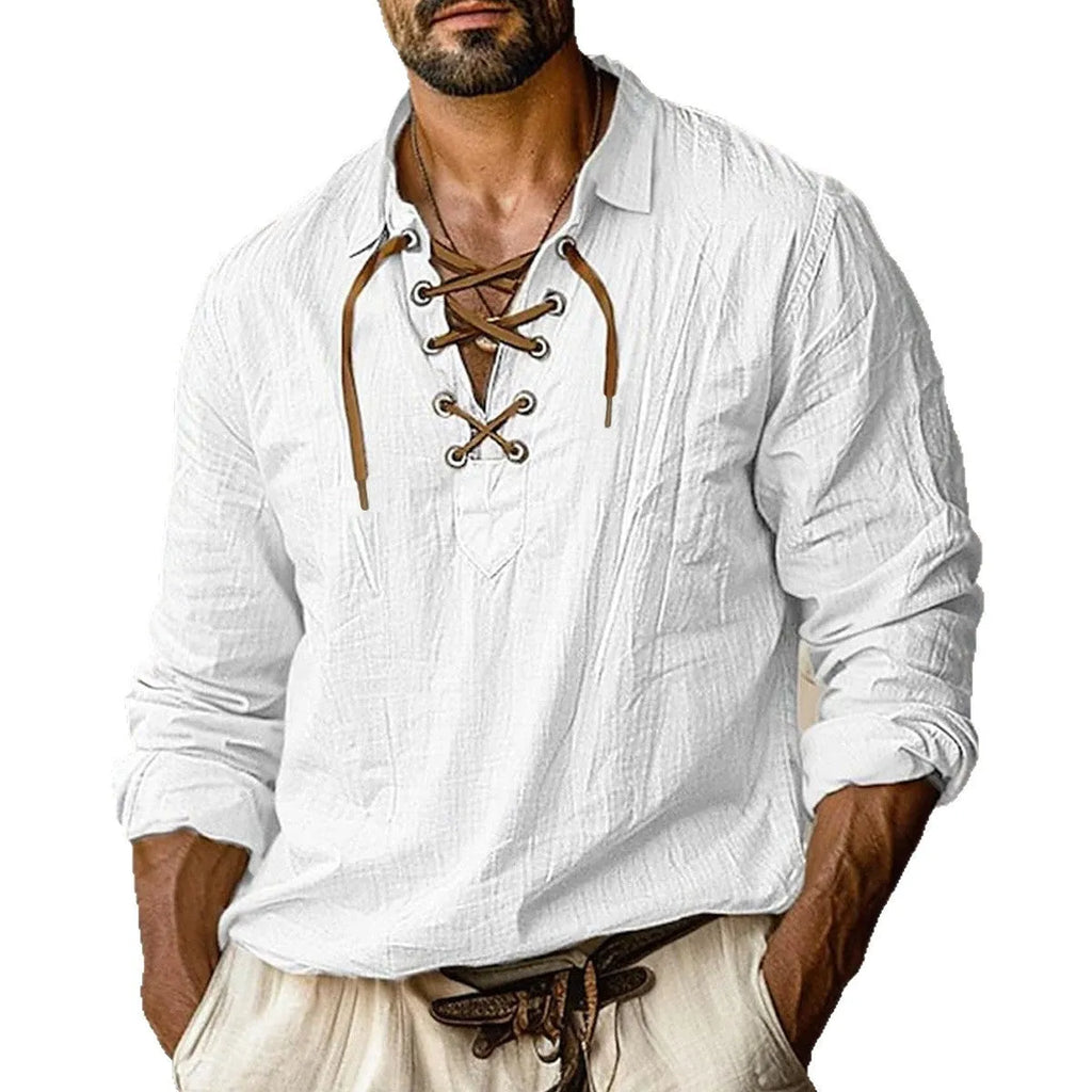 Men's loose fit linen blend shirt with lapels and lace design in blue, shown on a hanger.