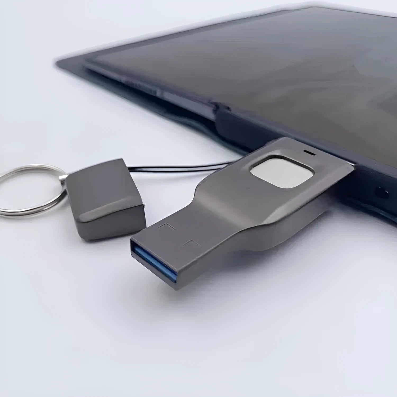 Black metal fingerprint encrypted USB flash drive showing USB 3.0 and Type-C connectors.