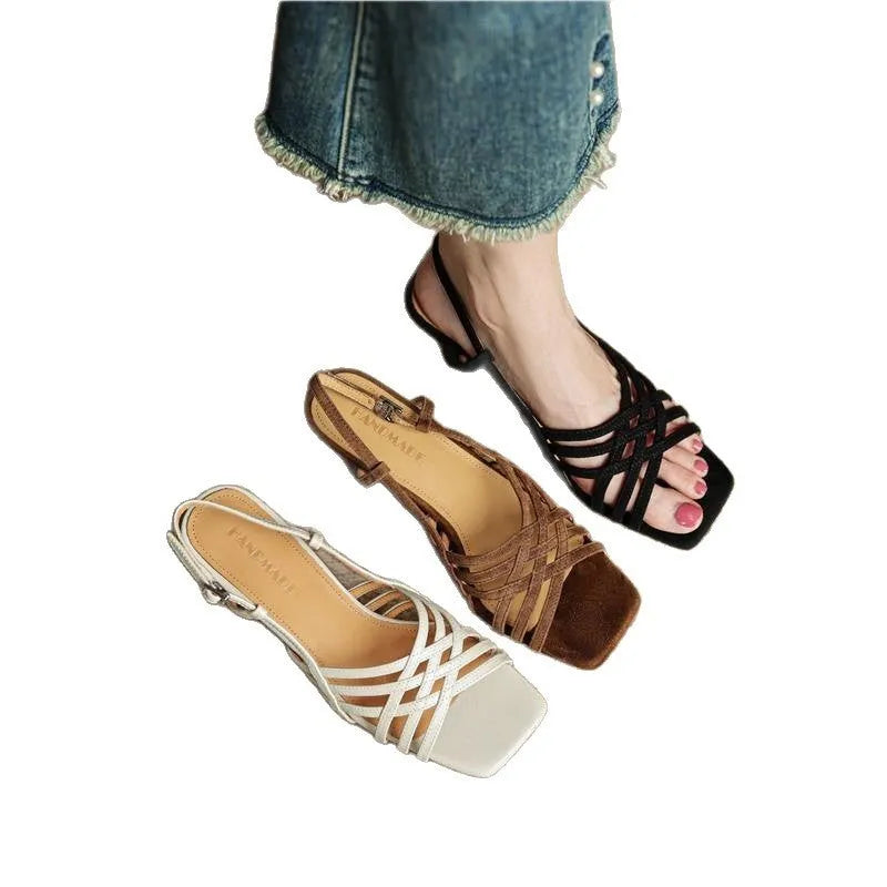 Retro soft leather-look women's sandals with thin cross straps, square toe, and ankle buckle on a mid heel