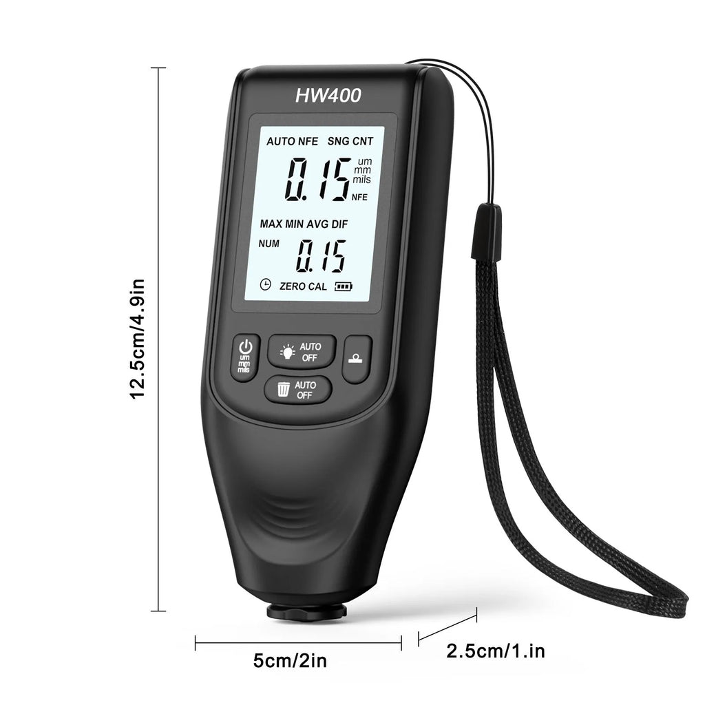 HW400 coating thickness gauge in black with digital display, measuring paint thickness on metal surface