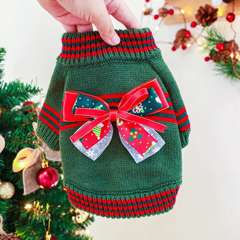Red Christmas dog jumper on small pet with festive design and proper fitting