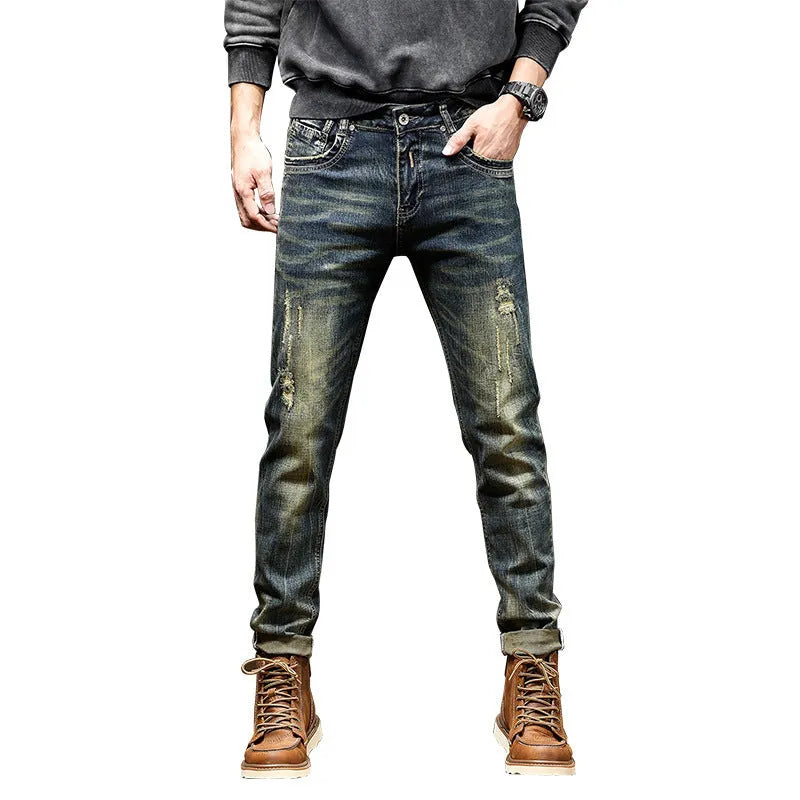 Men's retro blue stretch denim jeans with zip fly, shown in a slim-fit style