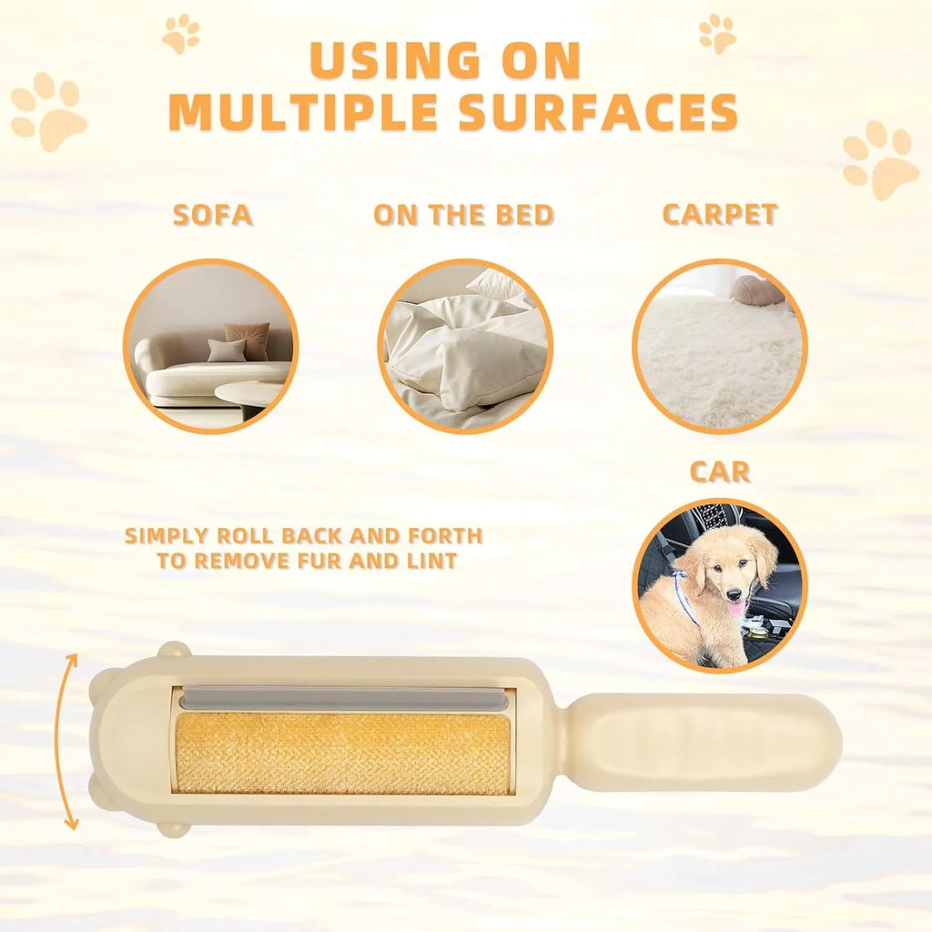 Blue reusable pet hair remover roller with self-cleaning base on a carpet.
