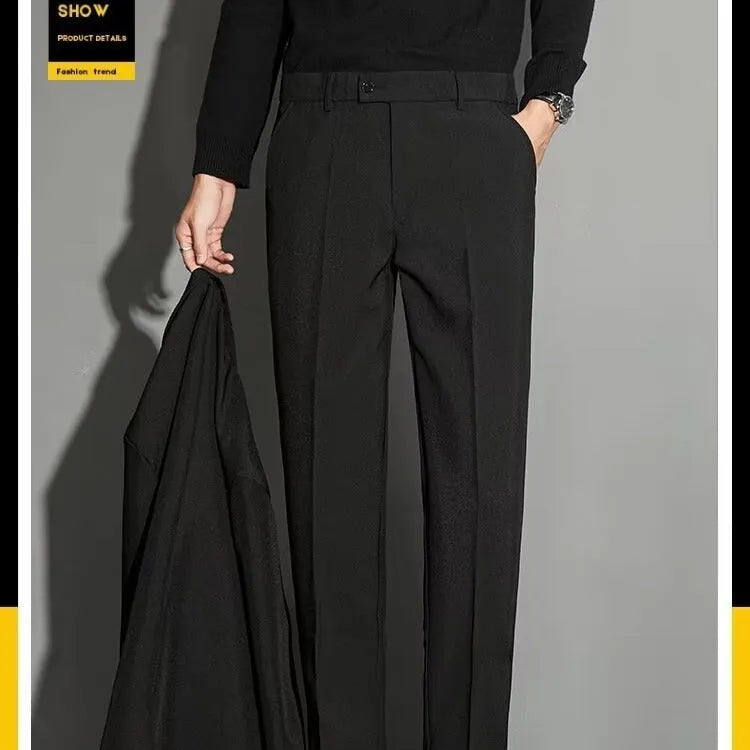 Men's straight leg ankle-length suit trousers in a polyester blend fabric, shown in multiple colours.