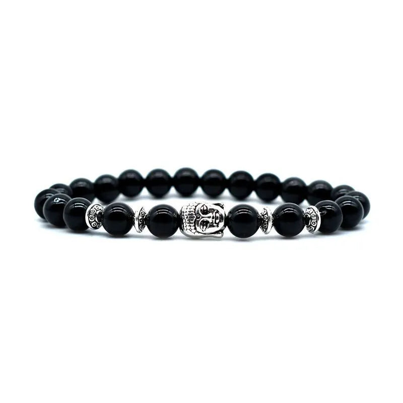 Buddha head bracelet with 19mm tiger eye stone and amethyst beads on wrist
