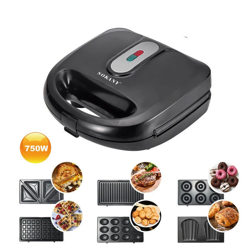 Black electric sandwich pan with stainless steel cover and non-stick baking surface