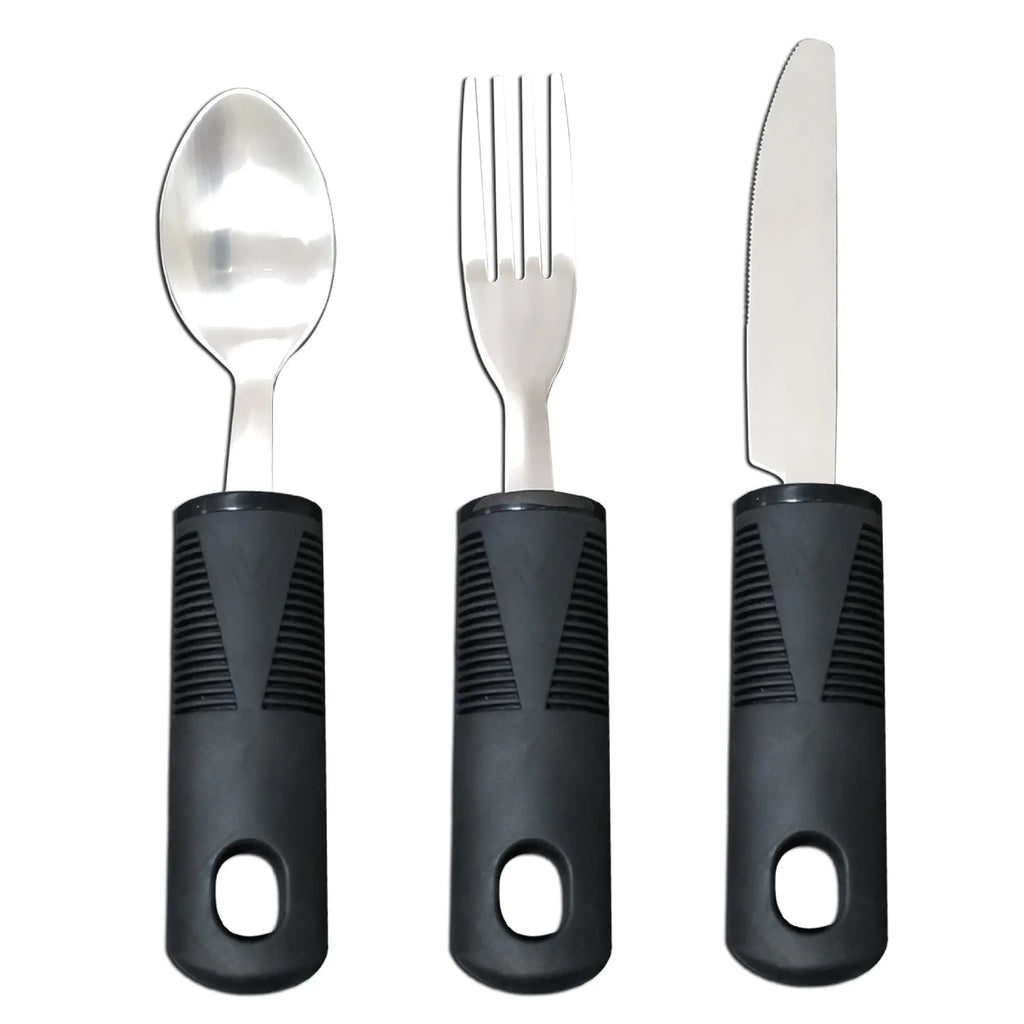 Stainless steel anti-shake cutlery set with rubber handles for adult mealtime assistance
