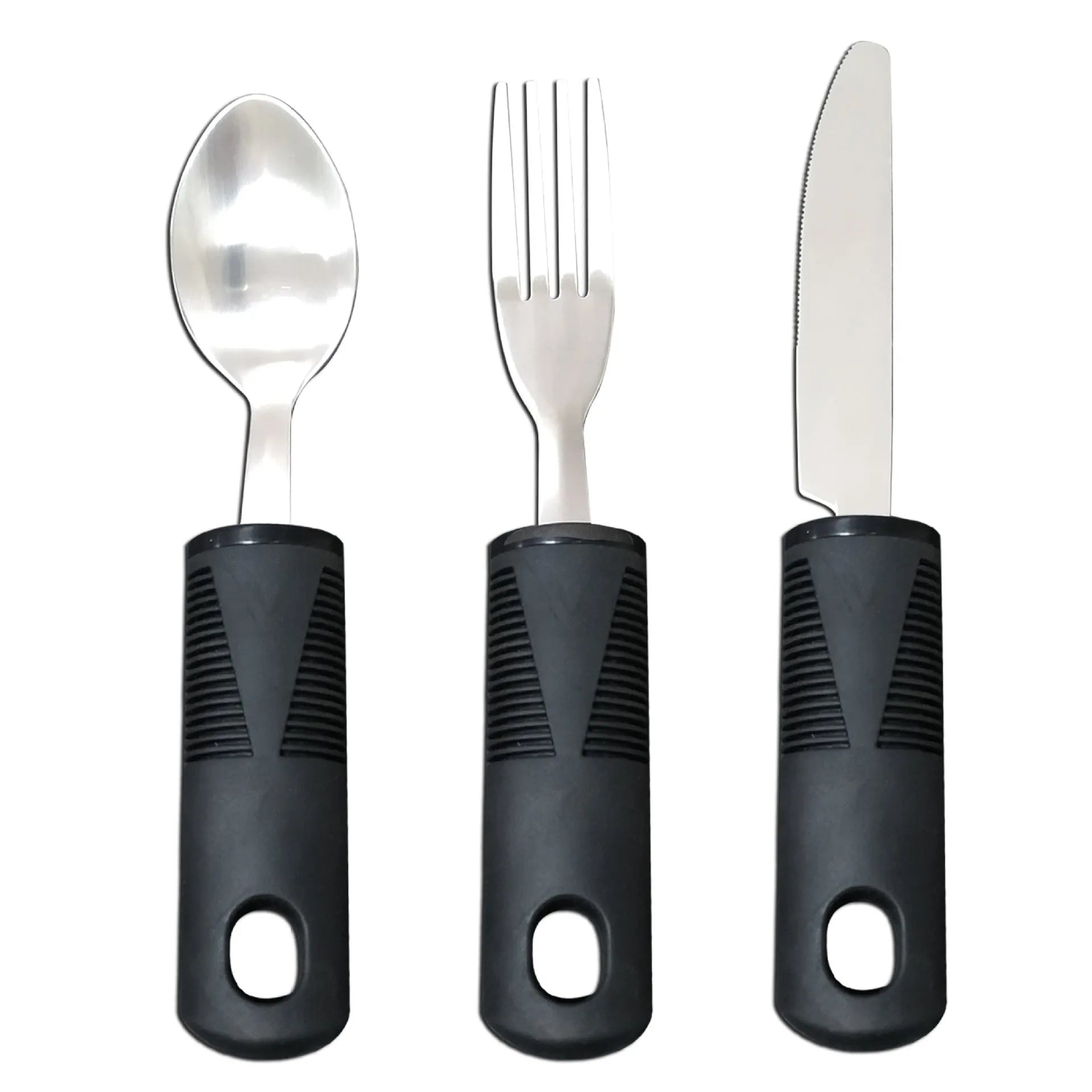 Stainless steel anti-shake cutlery set with rubber handles for adult mealtime assistance