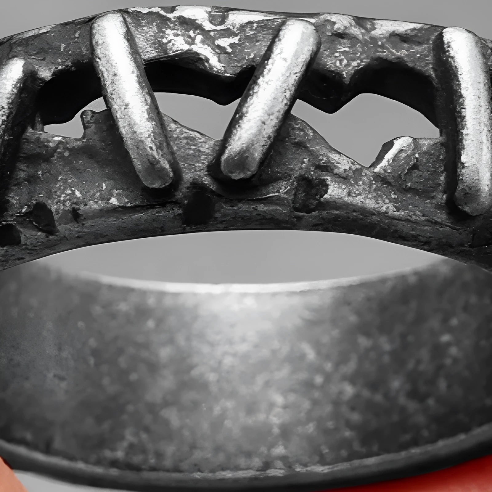 Stainless steel punk stitch ring with double ring design in dark colour, shown on a finger.