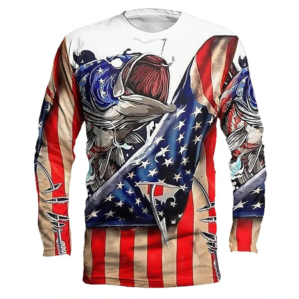 Men's fish print pullover top in milk silk fabric with long sleeves and round neck design