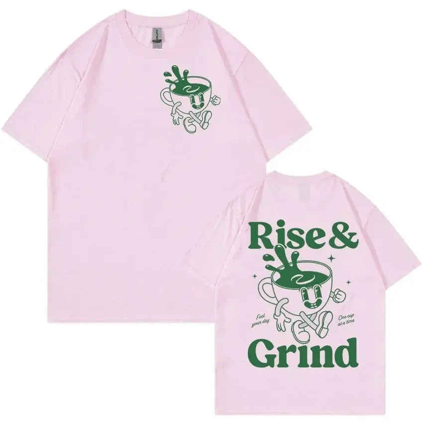 Men's linen t-shirt with Rise And Grind Green Coffee cartoon bag design in loose fit