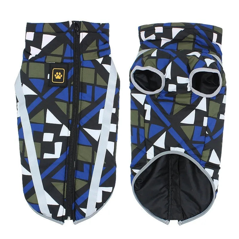 Dog wearing thick reflective warm shell jacket in geometric blue colour pattern
