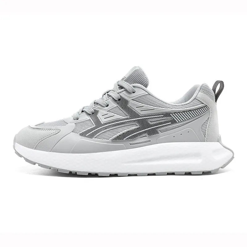 Casual popcorn sole sneaker with breathable KPU mesh upper, non-slip, in white, black, and light gray, sizes 39-46