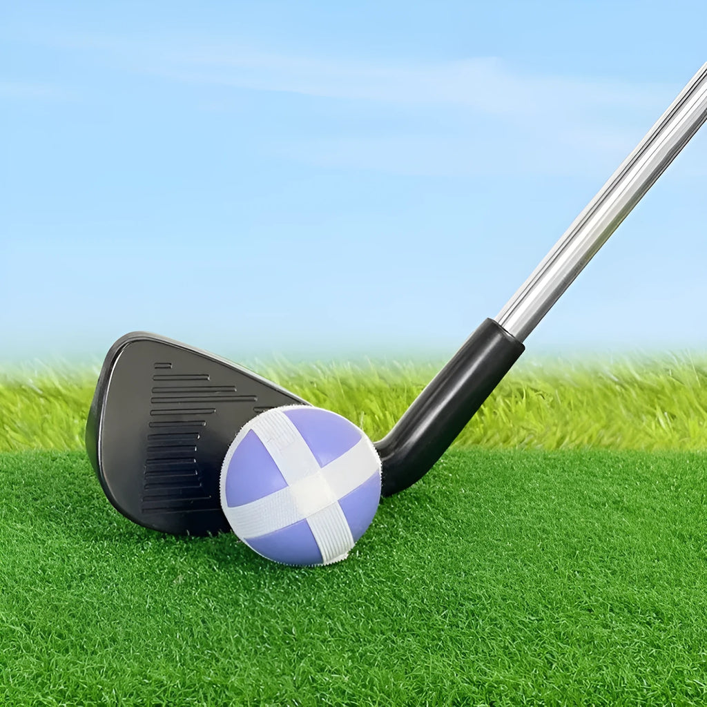 Metal golf practice club shown in two colour options: adult club and children's club for outdoor sports.