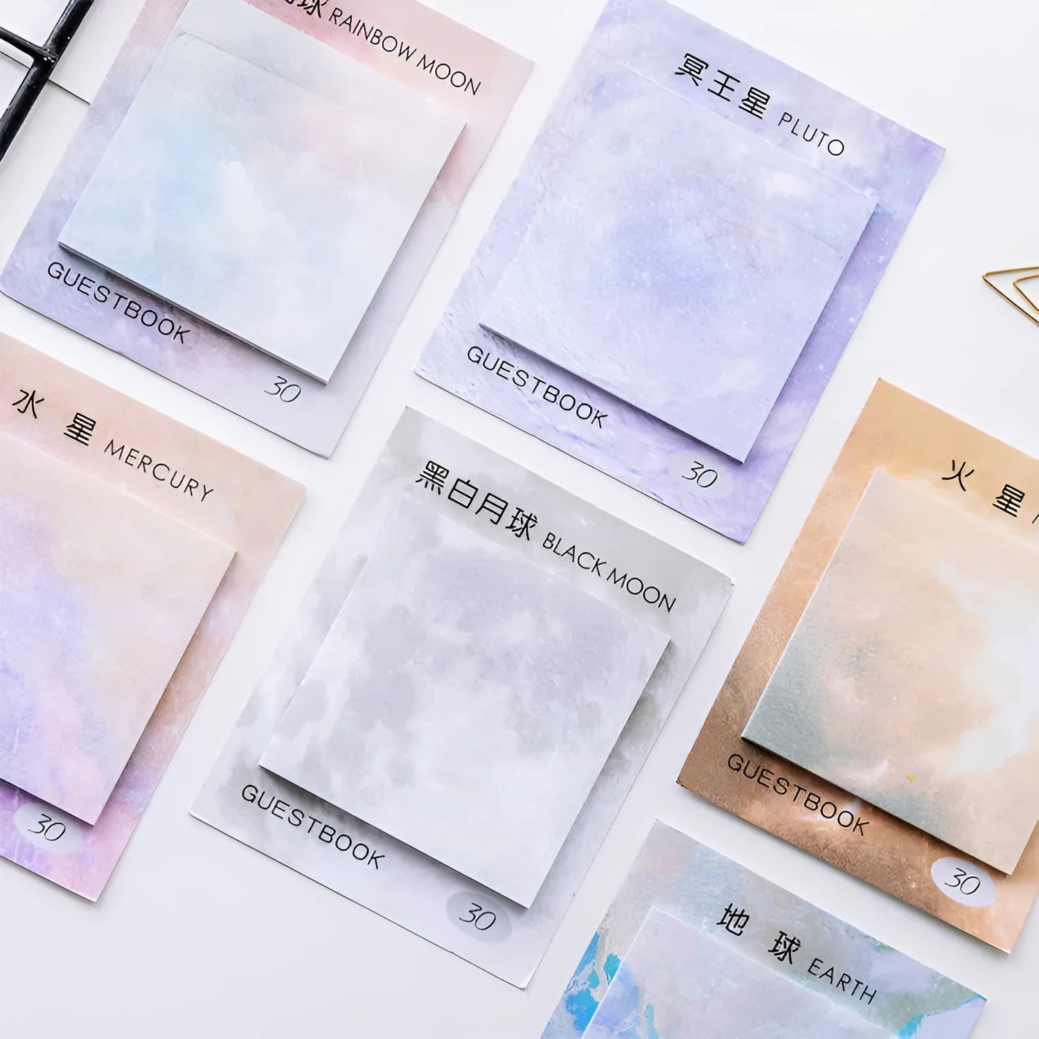 Square planet sticky notes with oil painting designs of Moon, Earth, Mars measuring 7.3cm