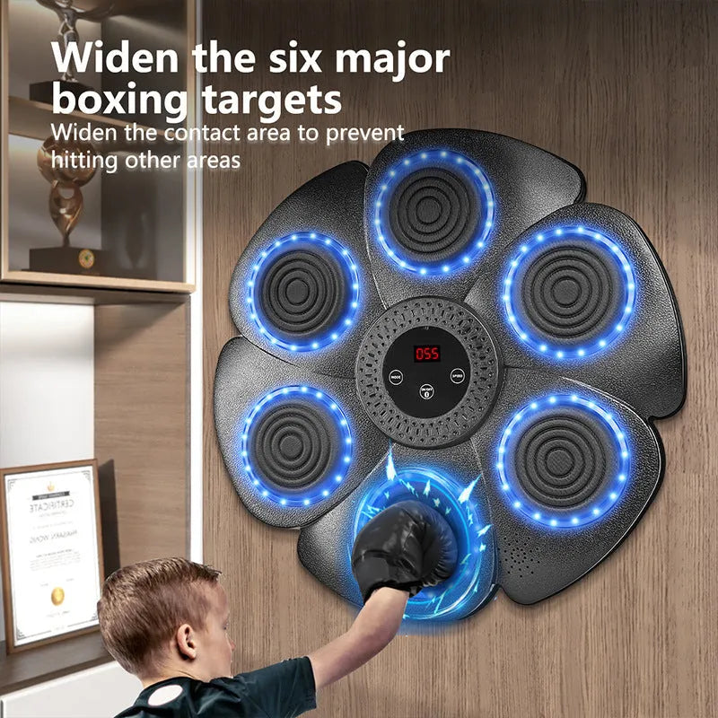 Black smart music boxing wall target with LED lights and included half-finger Velcro glove.