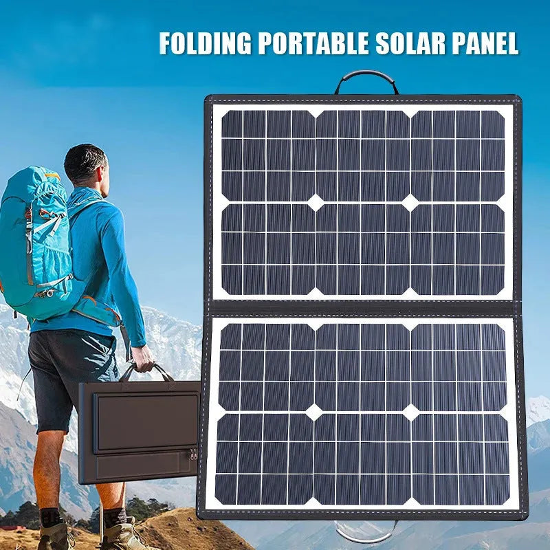 Black foldable solar panel charger bag showing 40W single crystal panel, folded for transport.