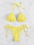 Women's black bikini set with halter neck top featuring a steel bracket and high-waisted bottoms.