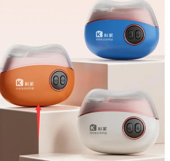 Blue, orange and white electric nail clipper and polisher two-in-one device with USB Type-C cable and cleaning brush.