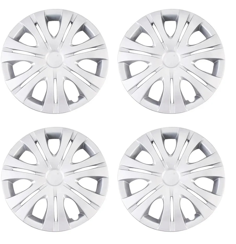 Universal ABS plastic wheel hub cover in silver electroplated finish showing 15-inch diameter measurement