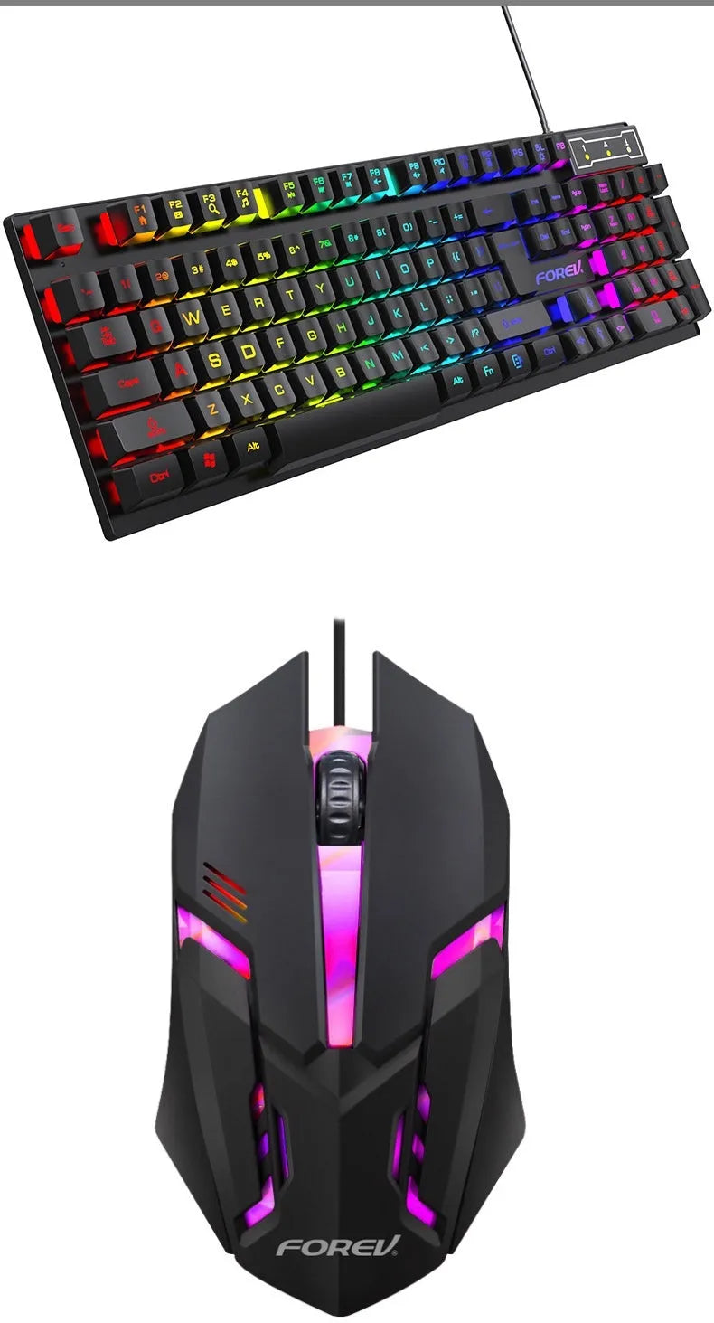 Black 104-key backlit gaming keyboard with compact design and matching mouse