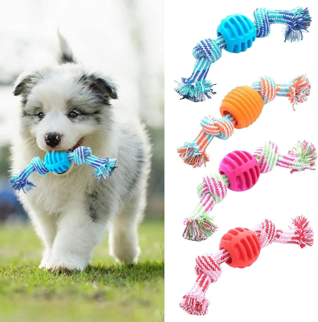 Blue dog chew toy with rope strands for dental care, 23 cm length