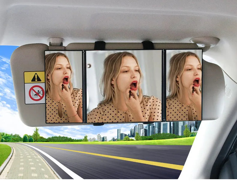 Silver car folding makeup mirror shown closed at 15.5cm width and opened at 30.5cm width