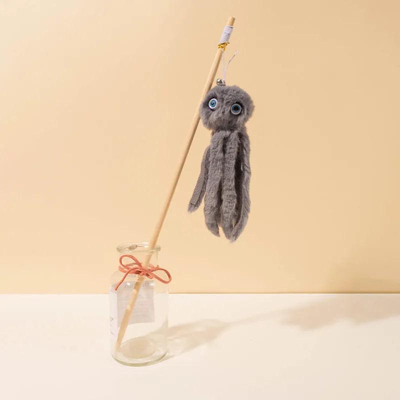 Grey octopus cat toy with eyes on long stick for indoor kitten play