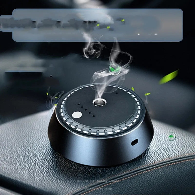 Black car aroma diffuser with USB charging and timing controls for vehicle use