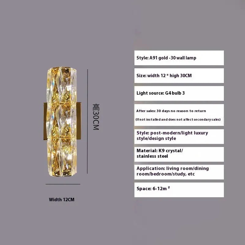 Crystal wall lamp with stainless steel base in chrome or gold finish, LED tricolour lighting, multiple size options