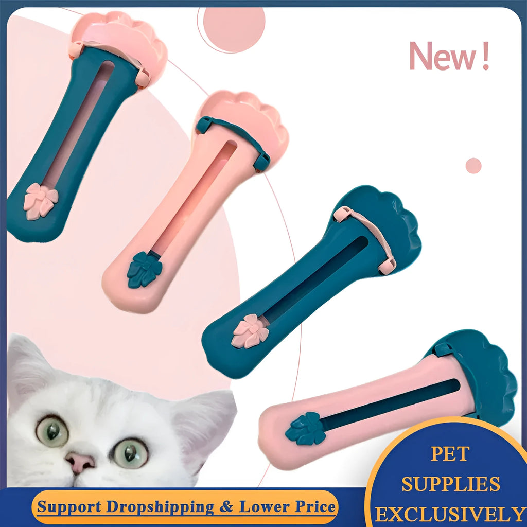 Green and pink pet food squeezer scoop for dispensing liquid food and treats
