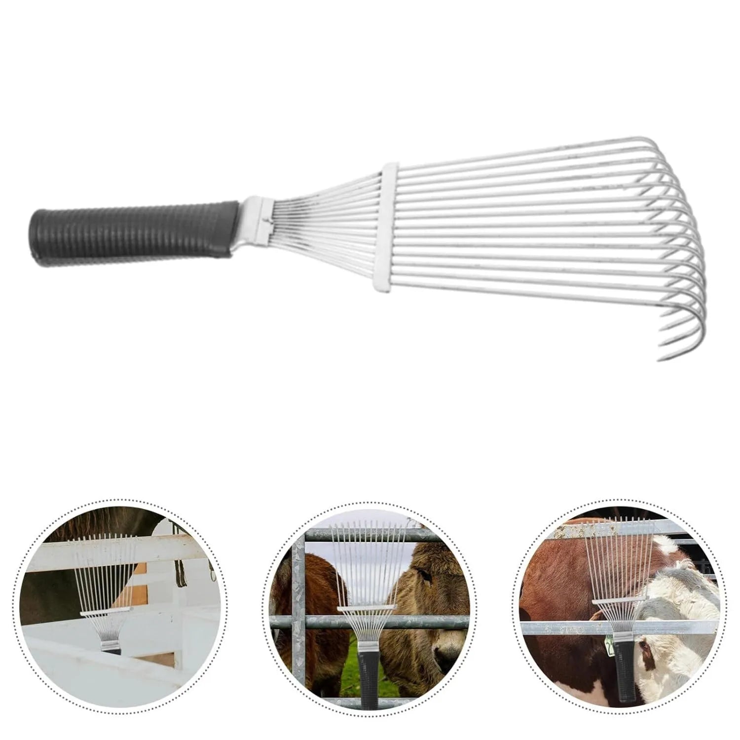 Stainless steel livestock grooming rake comb for horses and dogs on a dark background.