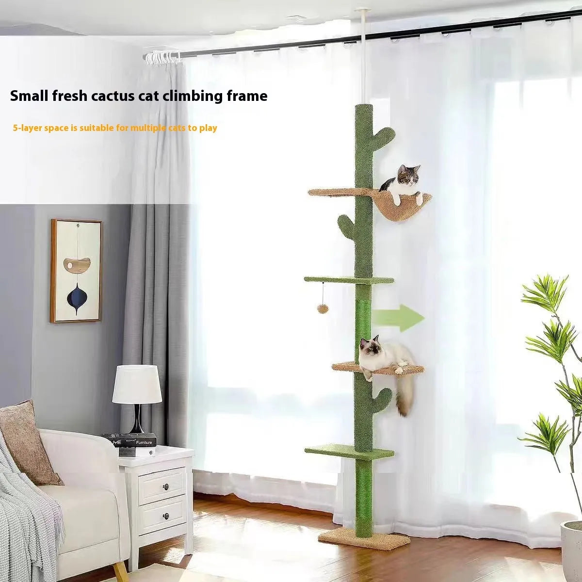 Tall cactus-shaped cat tree with platforms, a scratch board, and a hammock.