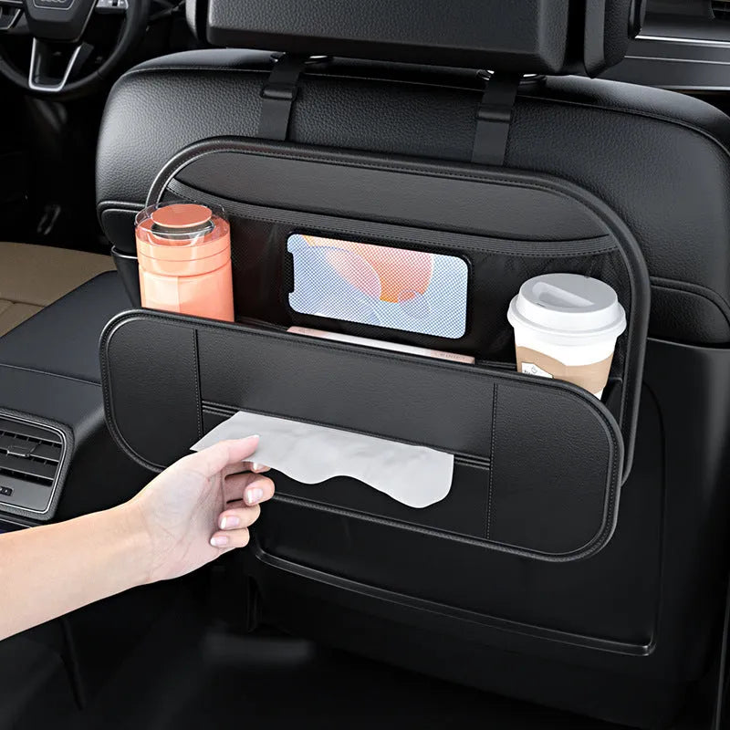 Black leather car seat rear storage bag showing 36cm width measurement