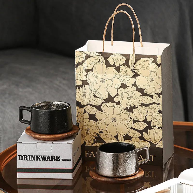 Ceramic coffee tumbler gift set with metal-plated gift box, approximately 250ml capacity, irregular shape