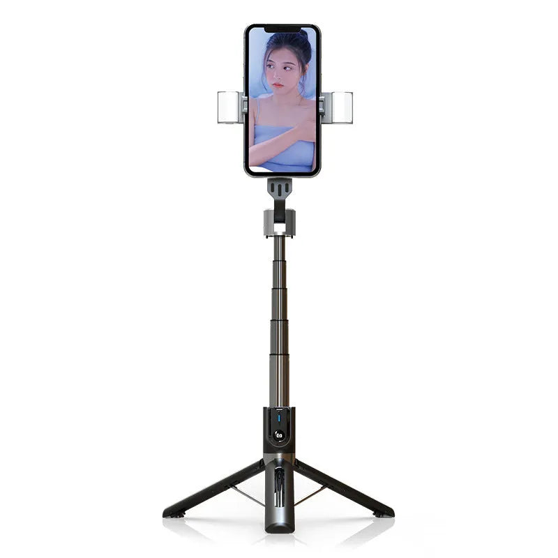 Bluetooth selfie stick with double fill light extended on desktop showing aluminium alloy arm and stand base