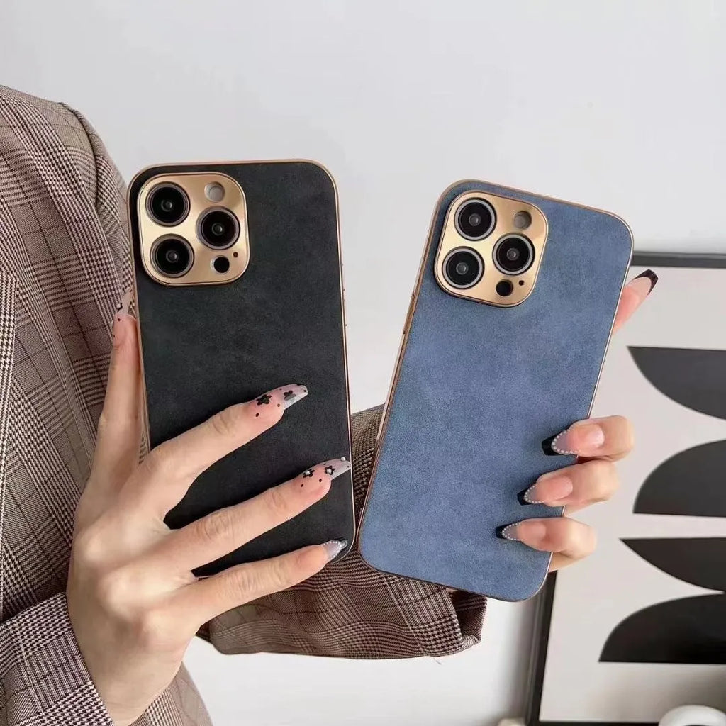 Leather texture TPU iPhone case in solid colours: black, blue, grey, grey-green for iPhone 11, 12, 13, 14 models.