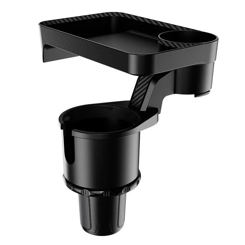 Black car-mounted rotating tray holder with dinner plate surface inserted in vehicle cup holder