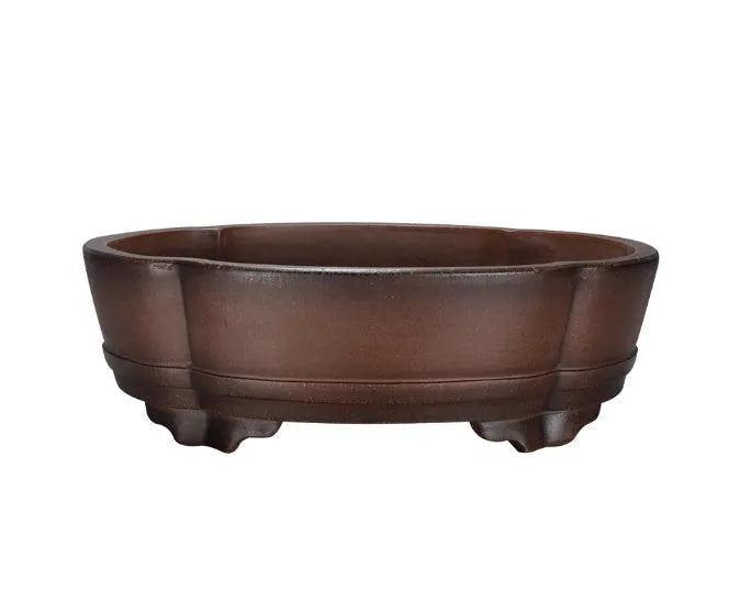 A large, simple purple clay bonsai pot on a table, suitable for indoor plants.