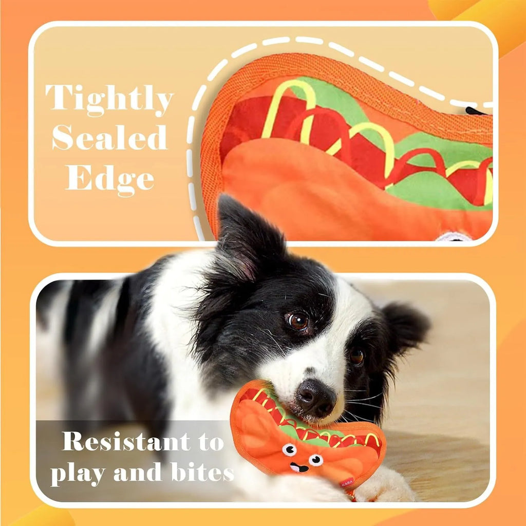 Food-themed dog chew toy in a hamburger design with red, yellow, and green colours, showcasing its no-stuffing construction.