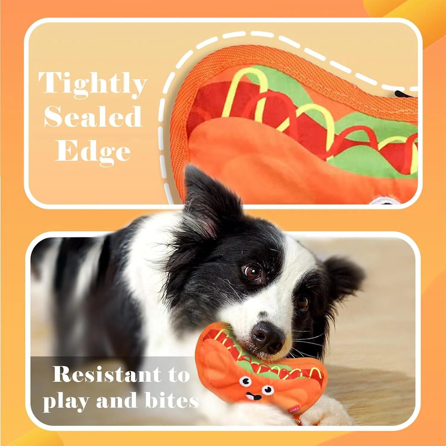 Food-themed dog chew toy in a hamburger design with red, yellow, and green colours, showcasing its no-stuffing construction.