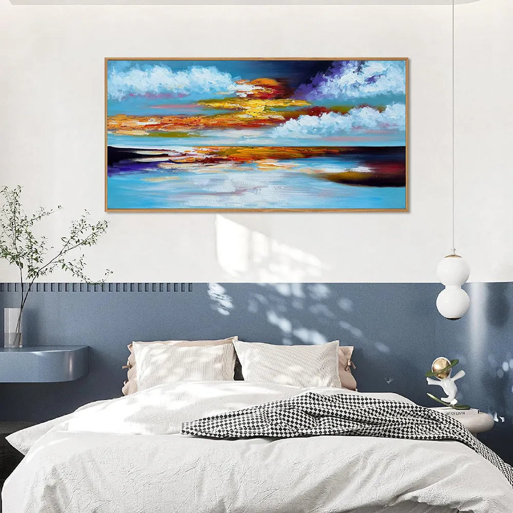 Bright abstract hand-painted oil painting on canvas, seascape sunset landscape, horizontal wall art