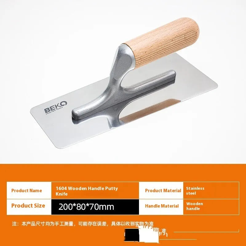 Stainless steel putty scraper with wooden handle showing three different blade size options.