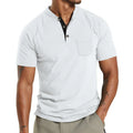 Plus size man modelling a solid colour short sleeve polyester shirt with a buttoned chest pocket.