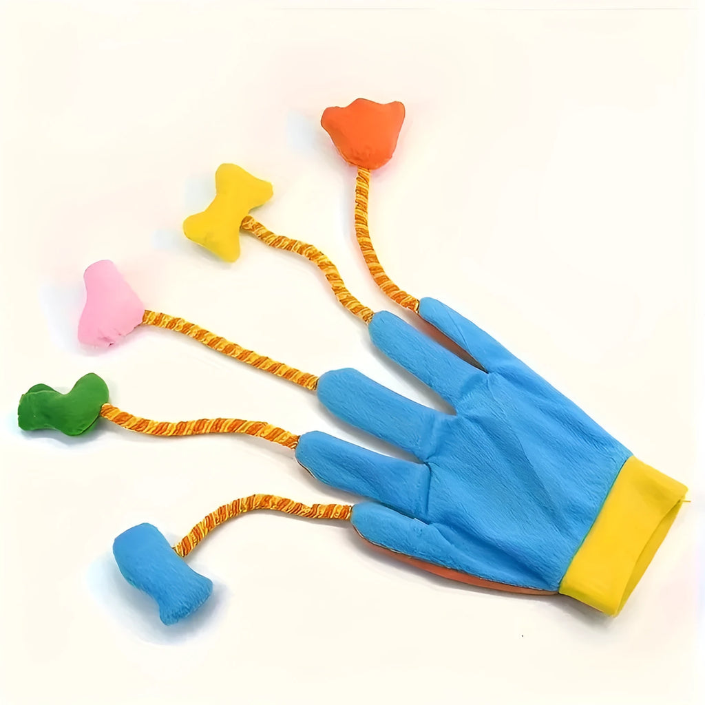 Yellow and blue interactive cat toy glove with bell and trailer measuring 40cm