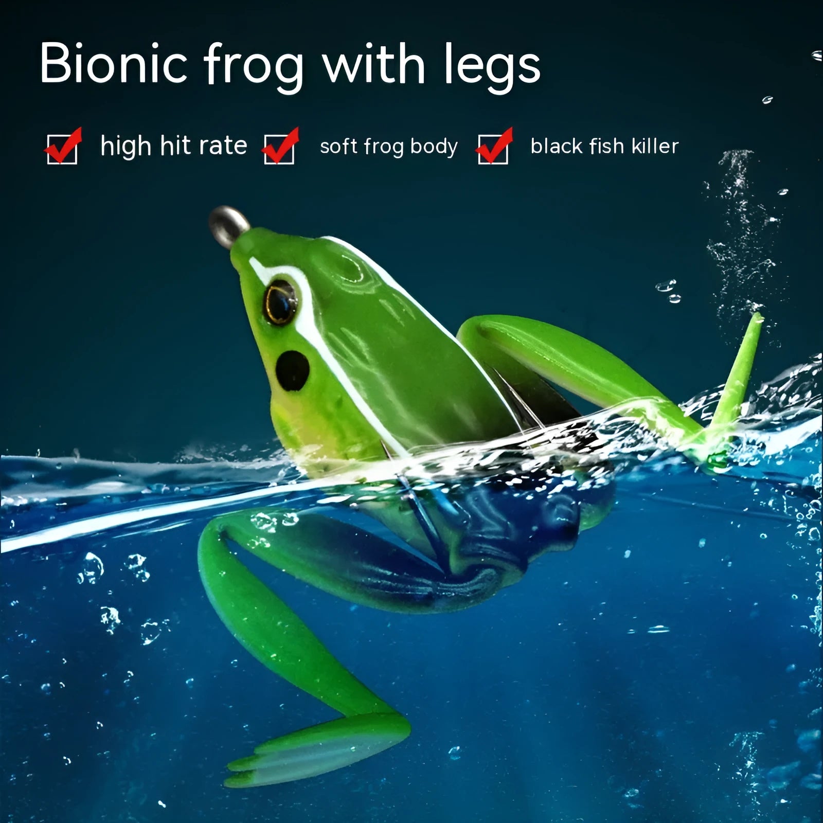 Bionic frog fishing lure with snake head design and double hooks in grass green colour