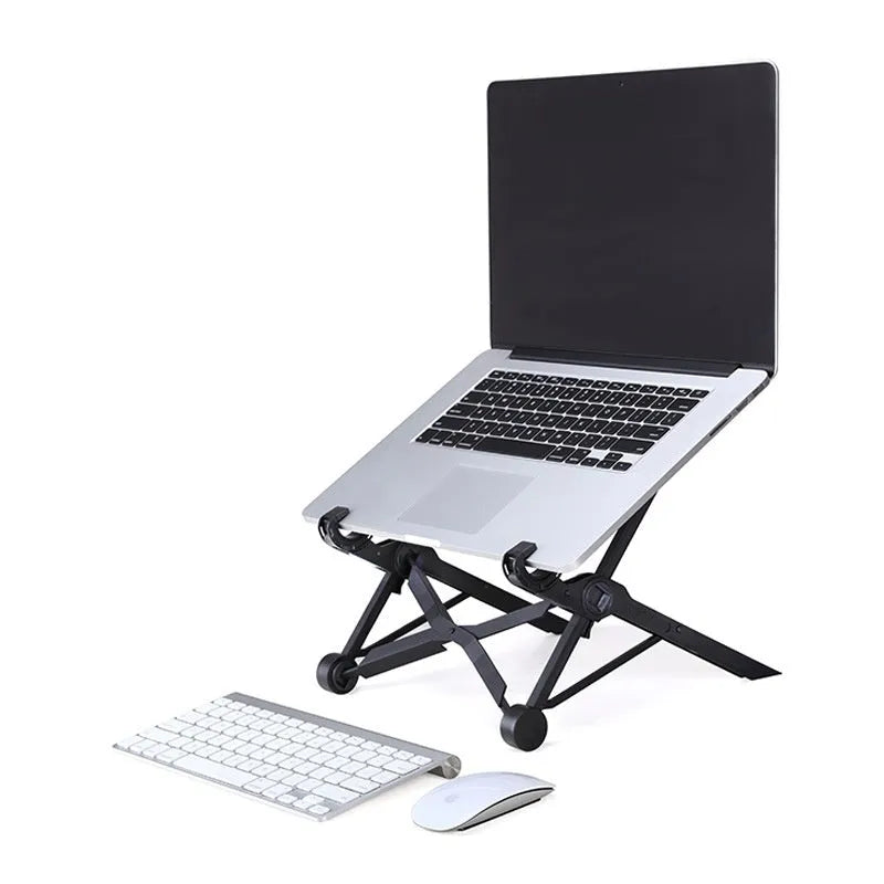 Sagacious black portable folding computer bracket with one-touch lifting mechanism and carrying case