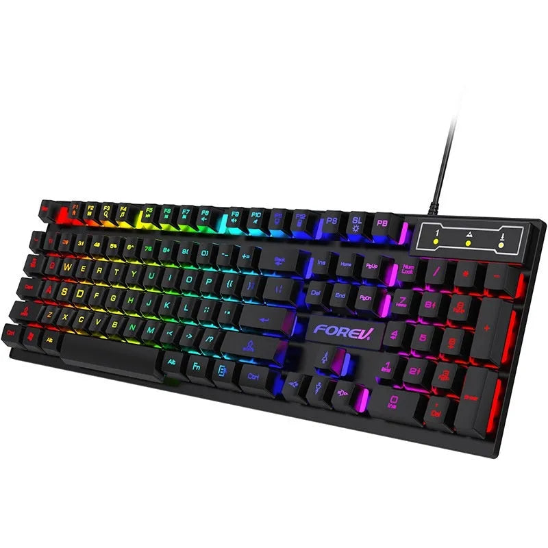 Black 104-key backlit gaming keyboard with compact design and matching mouse