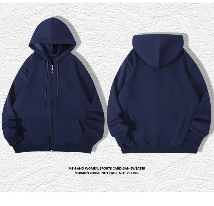 Men's plus size zipper hooded sweater in charcoal grey, showing front zipper and top stitching pockets
